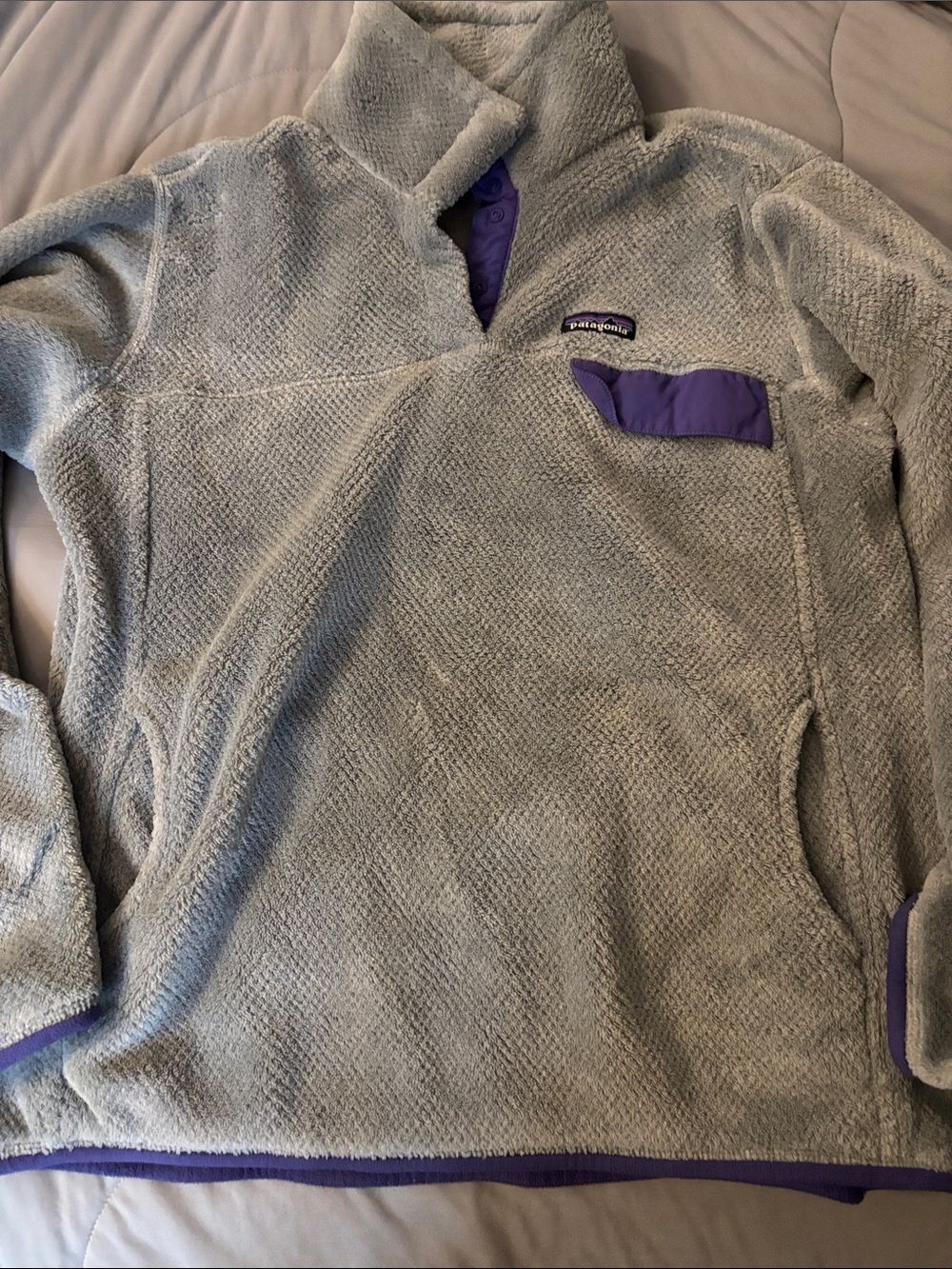Patagonia Women’s Gray Fleece Pullover with Purple Trim